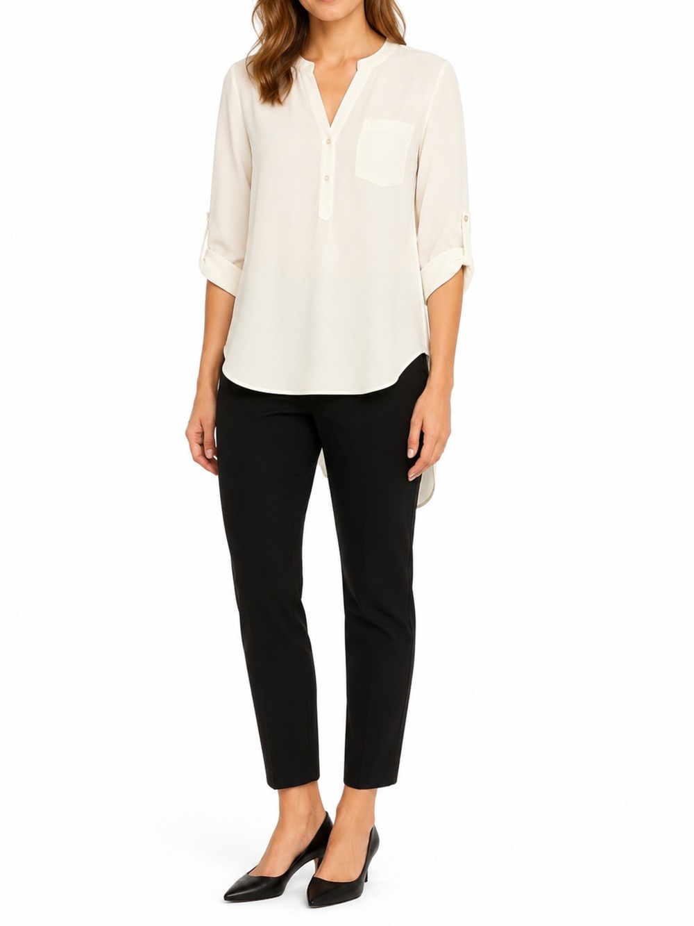 Pleione Ivory Roll Tab Sleeve Henley Blouse Size Small